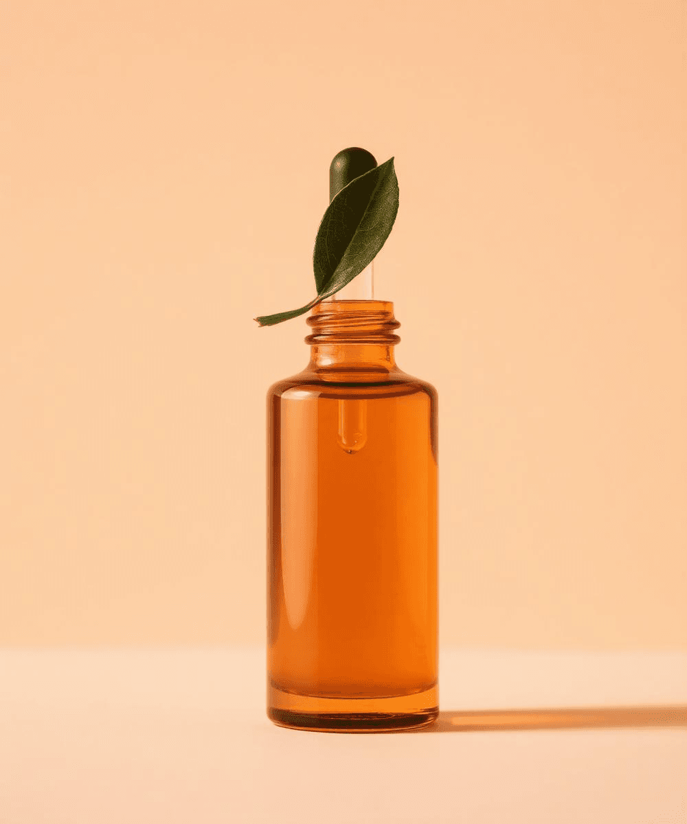 Amber serum bottle with a leaf, on warm beige